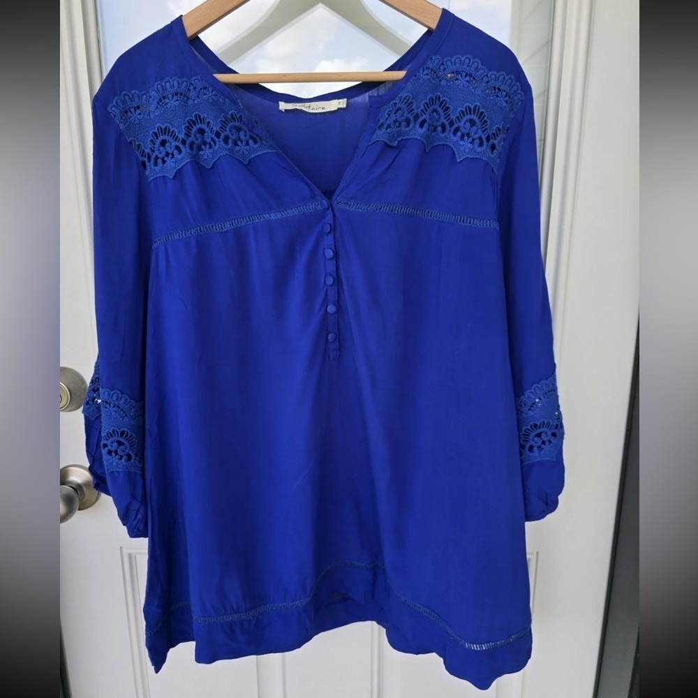 Solitaire Eyelet Tunic Lace Top Sz 1X Plus Blue Women's 3/4 Sleeve Coastal - Picture 2 of 16